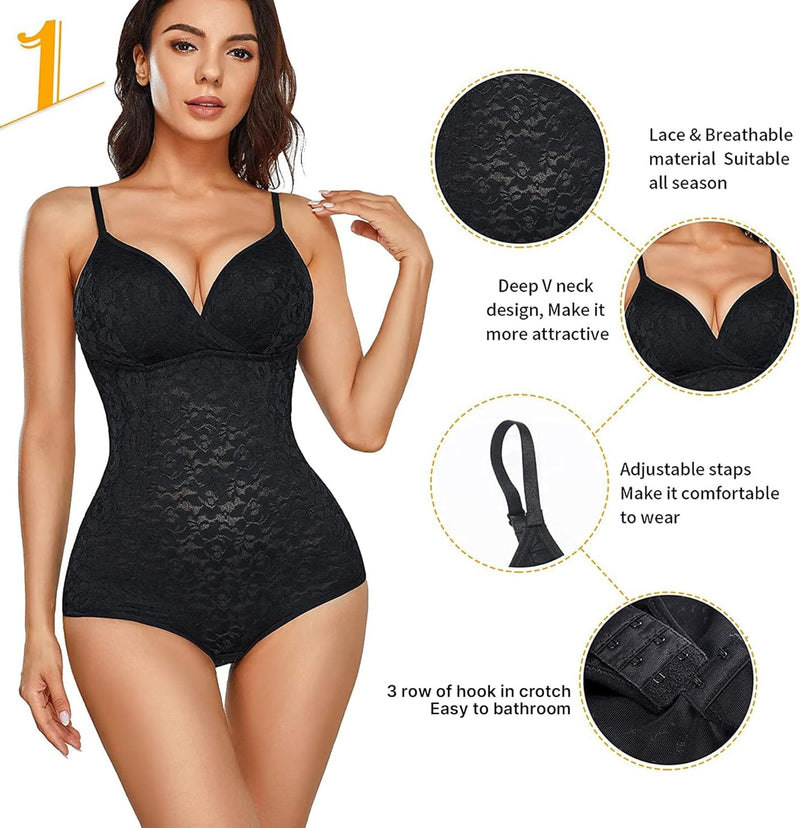 Body Shaper Damen Bauchweg Shapewear Miederbody Stark Formend Figurformende Shaping Body mit V-Aussc