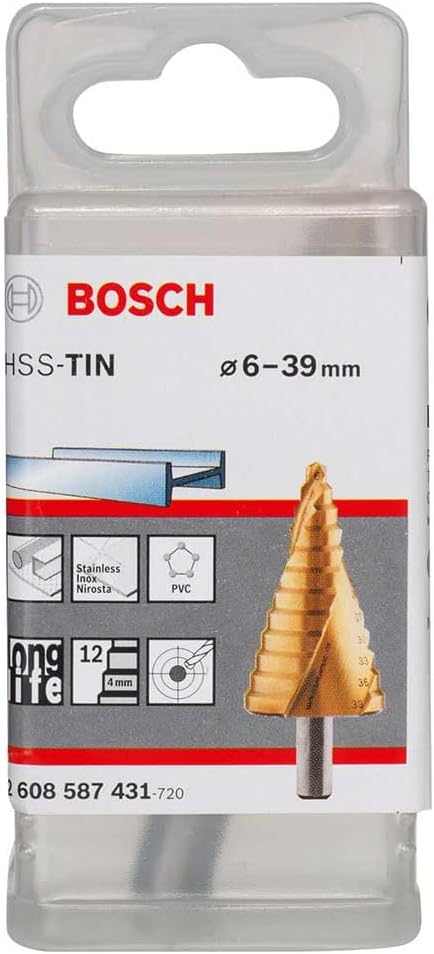 Bosch Professional Stufenbohrer HSS-TiN mit 3-Flächen-Schaft (Ø 6-39 mm, 12 Stufen)