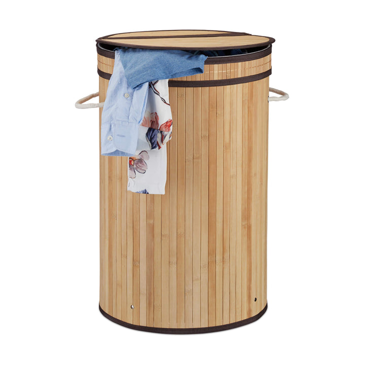 Relaxdays 1 x Wäschekorb Bambus, runder Wäschesammler mit Klappdeckel, 65 l, Faltbare Wäschetonne, Ø
