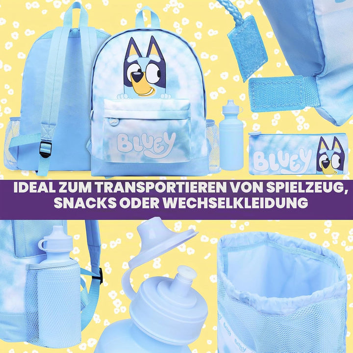 BlueY Rucksack Kinder Set 4 Teilig Trinkflasche Federmäppchen Lunchtasche oder Turnbeutel Kinder für
