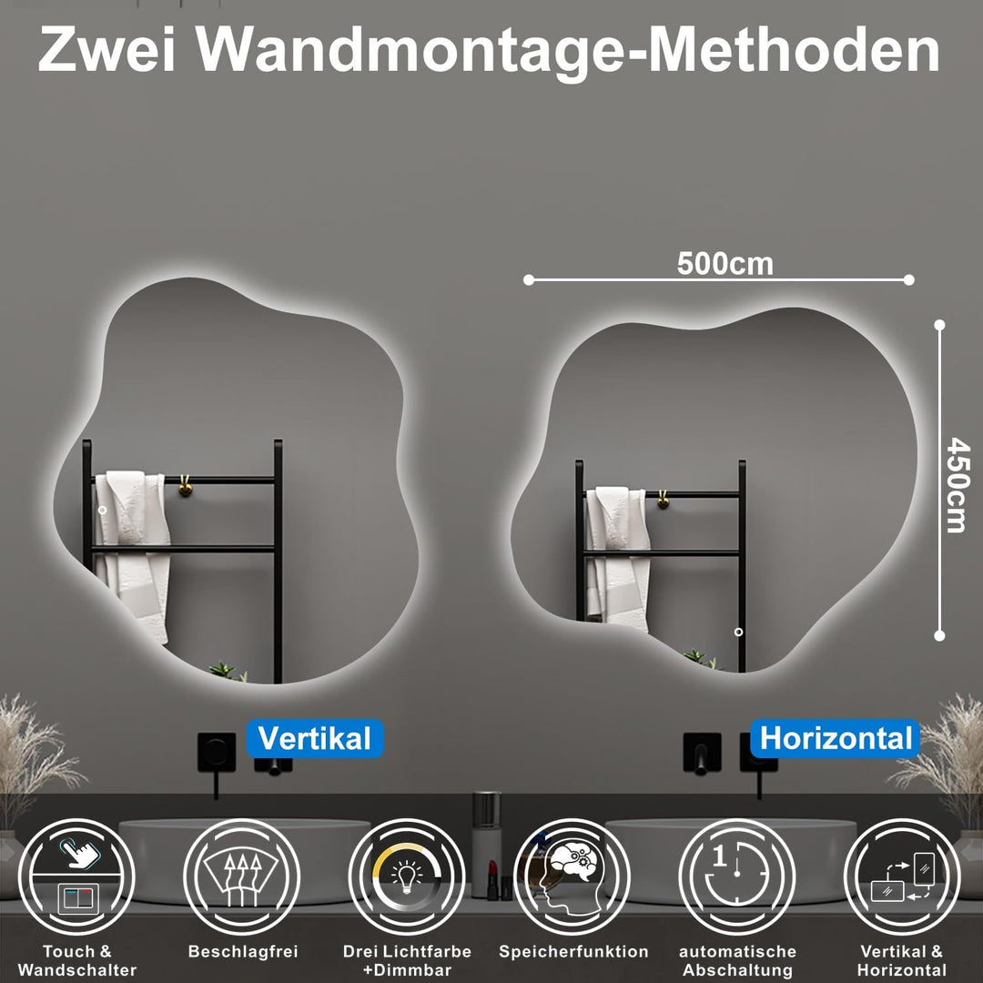 Aica Sanitär Badspiegel Asymmetrisch 50×45cm 3 Lichtfarben dimmbar Memory Touch Wandschalter Beschla