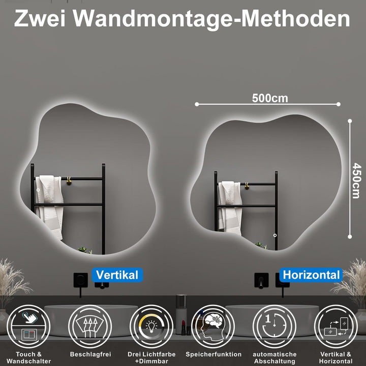 Aica Sanitär Badspiegel Asymmetrisch 50×45cm 3 Lichtfarben dimmbar Memory Touch Wandschalter Beschla