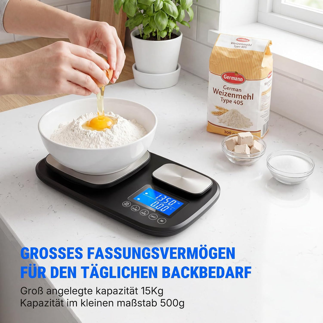 Küchenwaage Digital 15 kg mit Feinwaage 500 g/0,01 g, 2 Flächen zum Backen | Tara-und Addierfunktion
