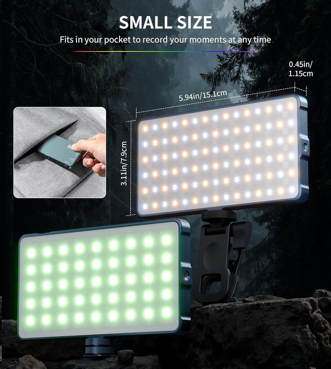 Selfie Licht mit RGB-Vollfarbe, 135 LED 4000mAh CRI96+ LED Videoleuchte mit Hotshoe und Clip,2500K-9