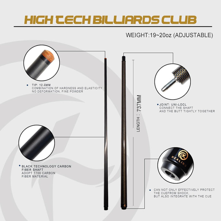 KHEALING Billardqueue aus Kohlefaser, 58 Zoll, 1/2-Zoll-Struktur, 3-Zahn-Anschluss, 12,4 mm Spitze,