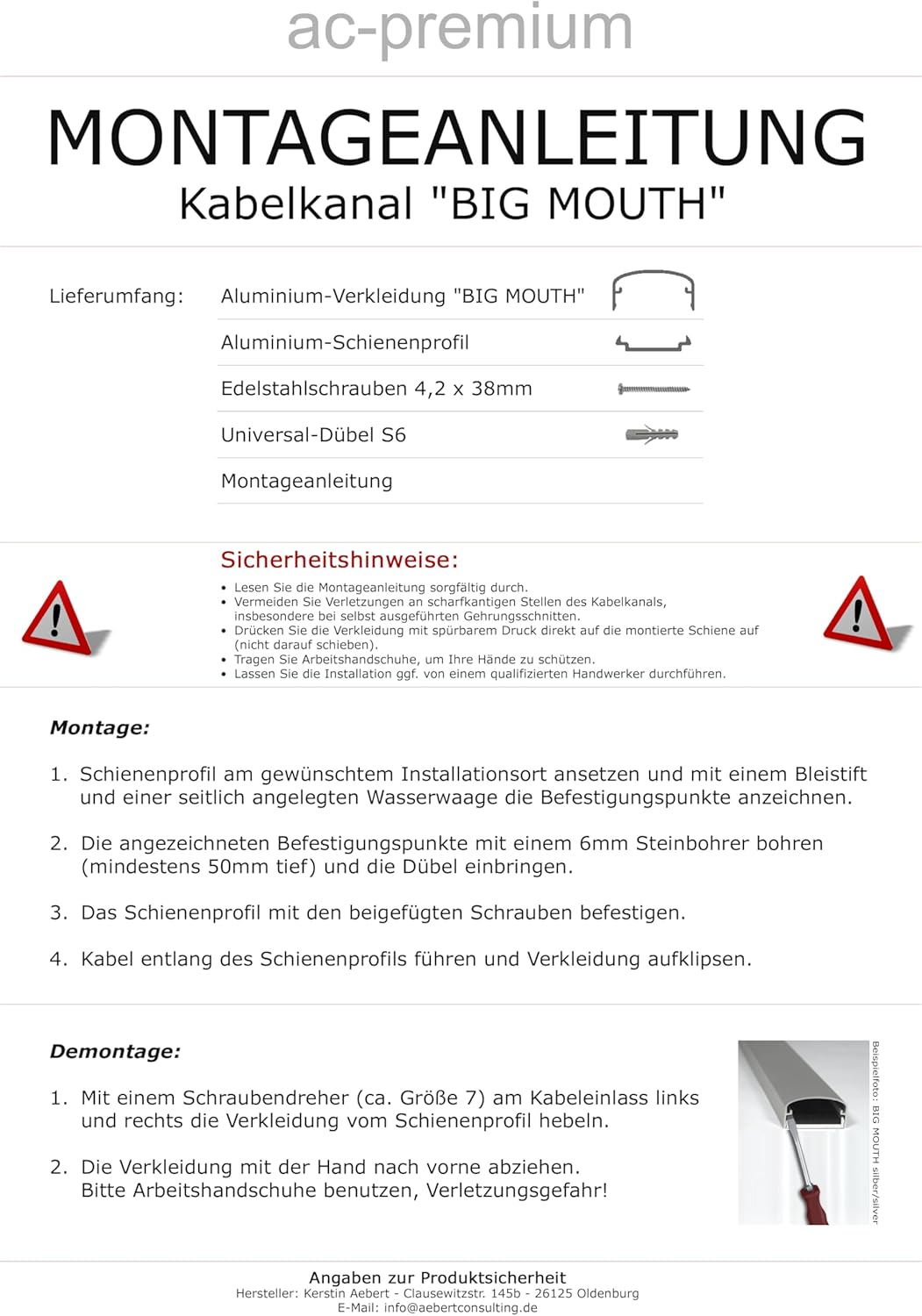 DESIGN ALU KABELKANAL "BIG MOUTH" LCD & PLASMA KLAVIERLACK WEISS