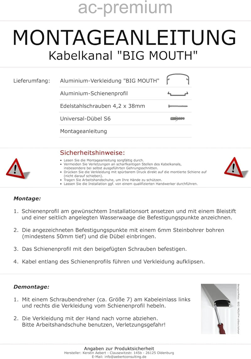 Design Alu Kabelkanal "BIG MOUTH" für TV , Beamer etc. - schwarz glänzend (Klavierlackoptik) - Länge