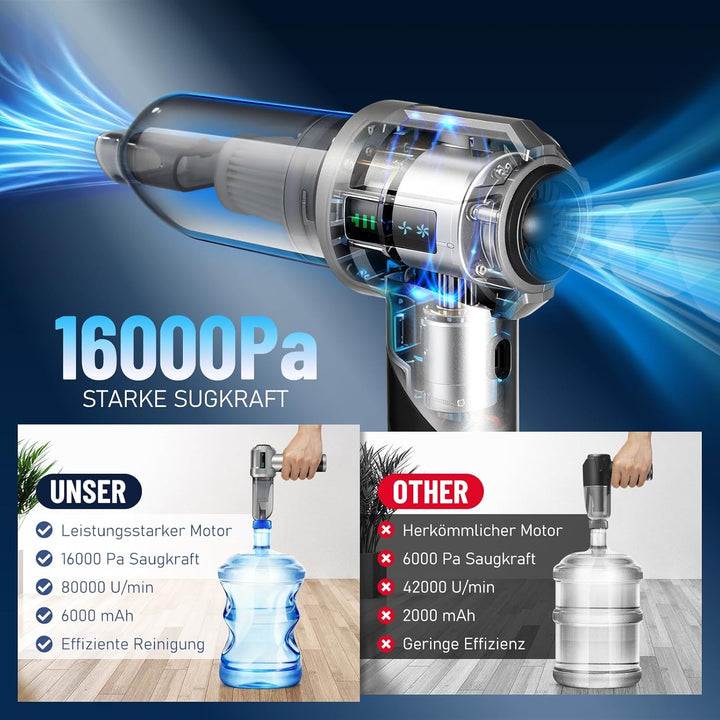 Kabelloser Handstaubsauger 16000Pa, 4-in-1 Akku Auto Staubsauger mit 6000mAh, Faltbarer Mini Staubsa