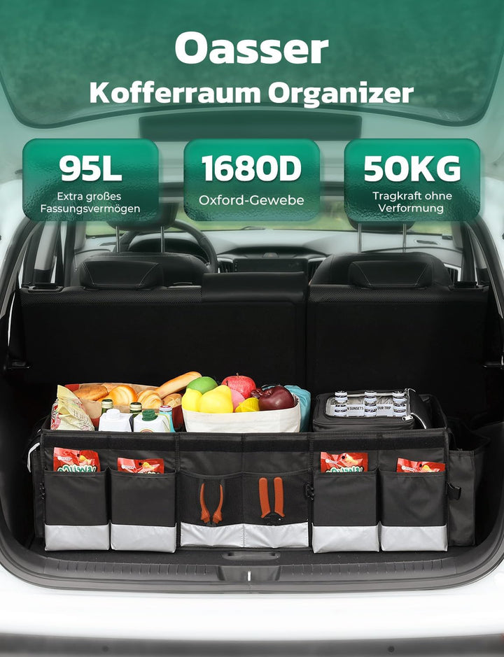 Oasser Kofferraum Organizer faltbar 95L mit integrierter 20L Kühltasche und Deckel Auto Organizer 50