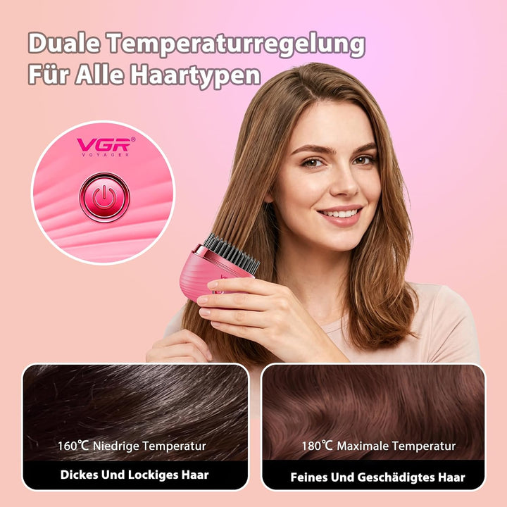 VGR 587 Kabellose Glättbürste Mini Mit 180°C Und 2 Stufen Reiseetui Rosa | Elektrische Haarbürste Mi