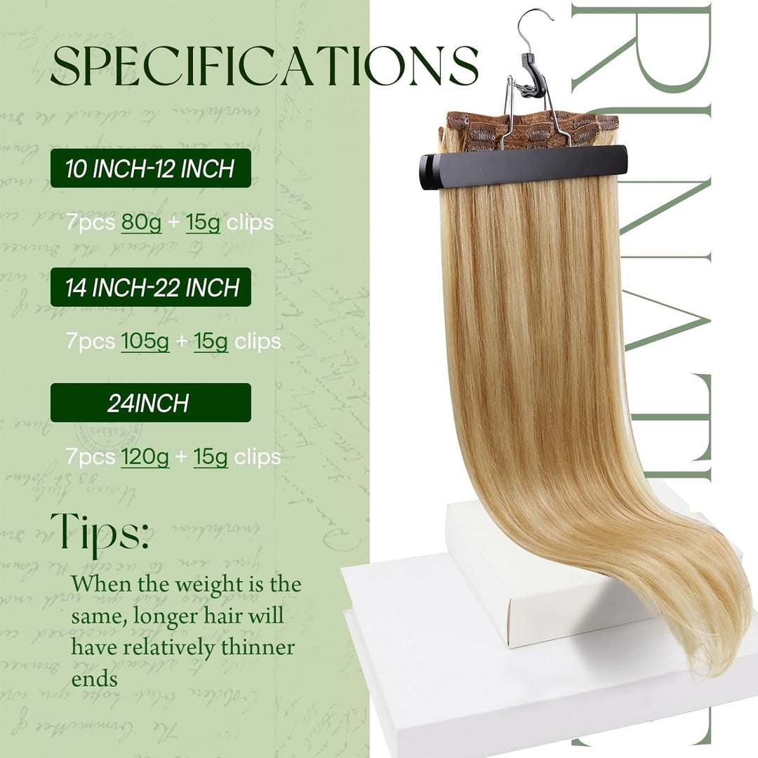 RUNATURE Clip in Extensions Echthaar Blond Highlights 25cm Remy Echte Haare 7 Stück Goldblond Highli