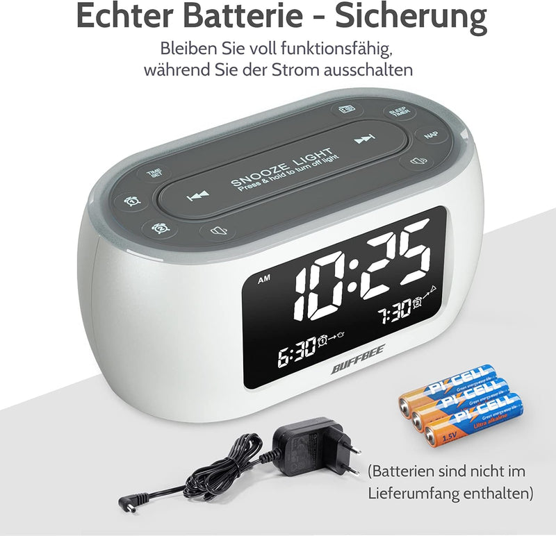 BUFFBEE Radiowecker mit 7-Farben-Nachtlicht, Doppelalarm, Schlummerfunktion, Dimmer, USB-Ladegerät,