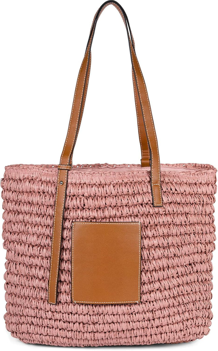 styleBREAKER Damen Korbflecht Schultertasche aus Papierstroh, Strandtasche mit langen Henkeln, Flech