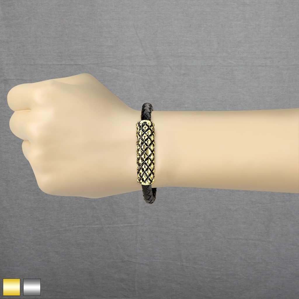 Bungsa Schwarzes Lederarmband mit Edelstahl-Röhre im Rauten-Design und Magnetverschluss