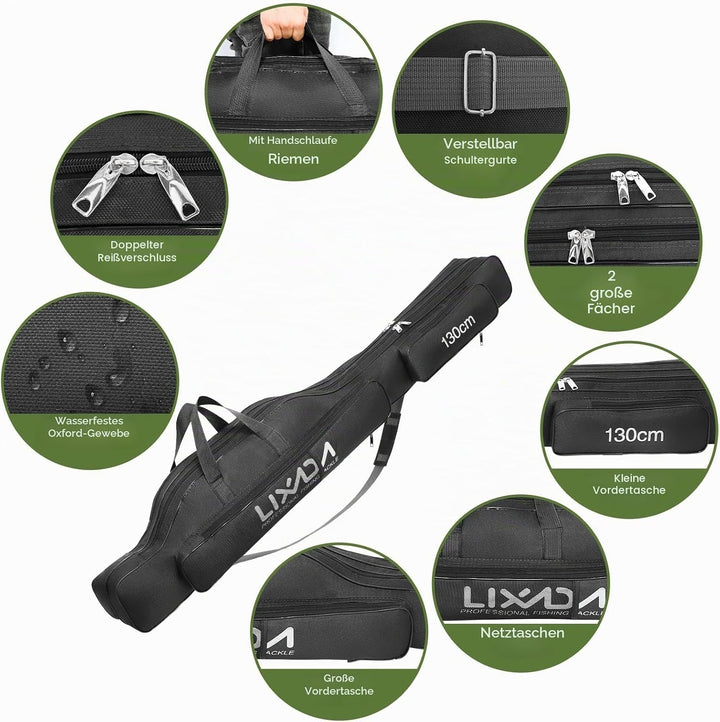 Lixada Tragbare Angeltasche Faltbare Angeltasche für Angelrute im Freien, 100 cm/130 cm/150 cm Schwa
