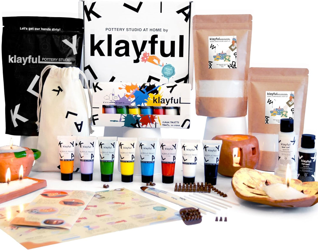 KLAYFUL - DIY-Set Kerzen & Keramik | 400g pflanzliches Perlwachs, 1,5kg Ton, Farben, Pinsel, Dochte,