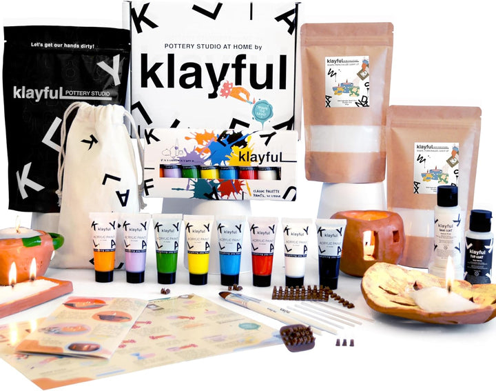 KLAYFUL - DIY-Set Kerzen & Keramik | 400g pflanzliches Perlwachs, 1,5kg Ton, Farben, Pinsel, Dochte,