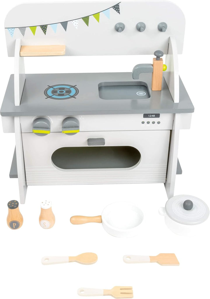 small foot Kinderküche "Kompakt" aus Holz, mit Backofen, Drehknöpfen, Topf, Pfanne und Küchenhelfer,