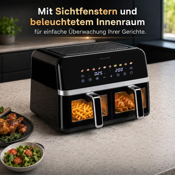 Rosenstein & Söhne Fritteuse: Dual-Heissluftfritteuse, 2 Schubladen mit Sichtfenster, 10 Programme (