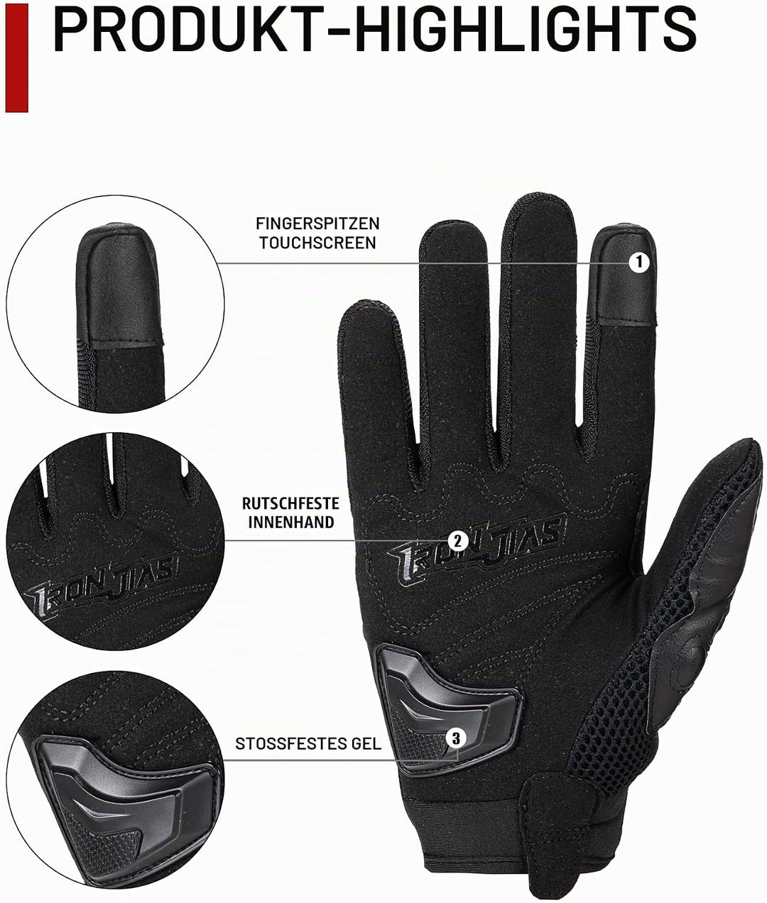Motorradhandschuhe Atmungsaktive Motorradhandschuhe Leder Vollfinger Knöchelschutzpolster Touchscree