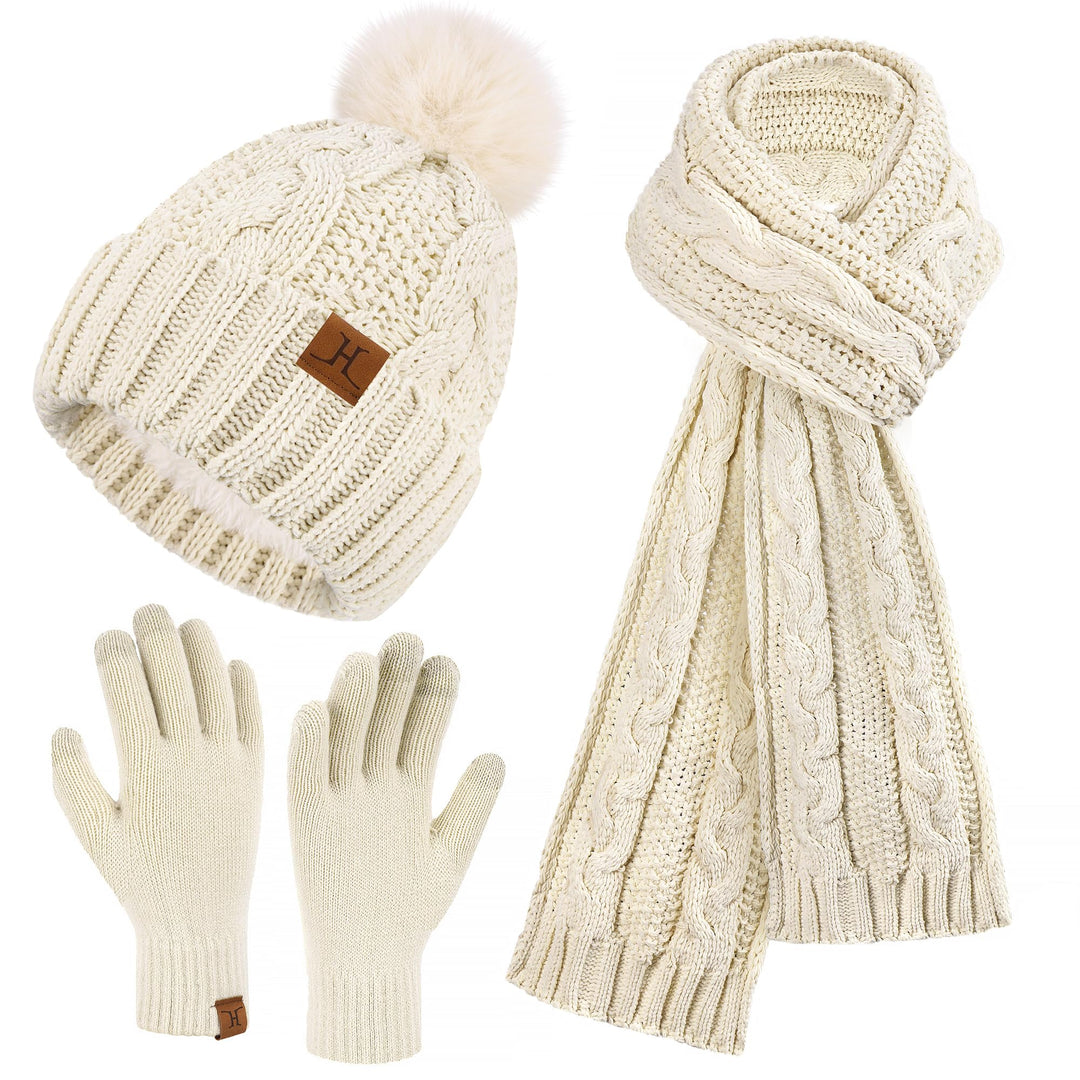 ZASFOU Damen Winter Mütze Schal Touchscreen Handschuhe Set Thermo Chenille Strickmütze Beanie Winter