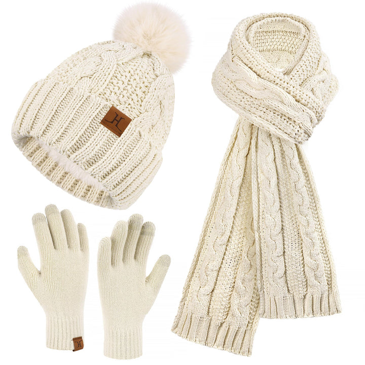 ZASFOU Damen Winter Mütze Schal Touchscreen Handschuhe Set Thermo Chenille Strickmütze Beanie Winter