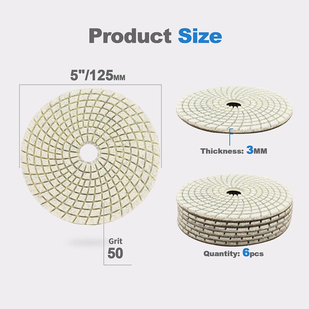 Nasse Diamant Polierscheibe - HIGHDRIL 12 Stück 125MM #50 diamant schleifpad für Granit, Marmor, Ker