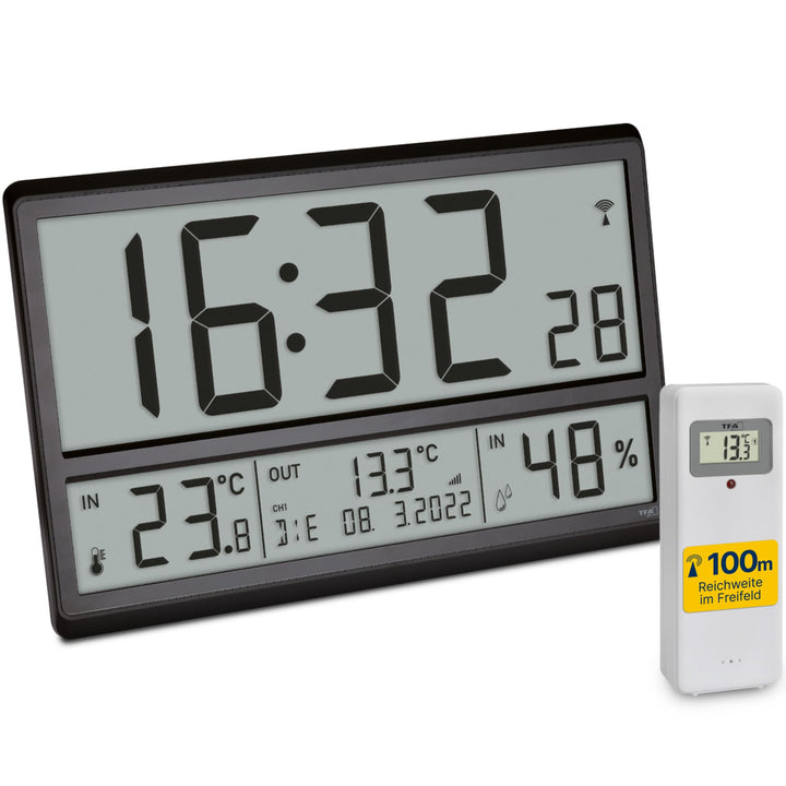 TFA Dostmann Digitale XL Wanduhr, 60.4523.01, mit Aussentemperatur und Raumklima, Funkuhr, 24h Anzei