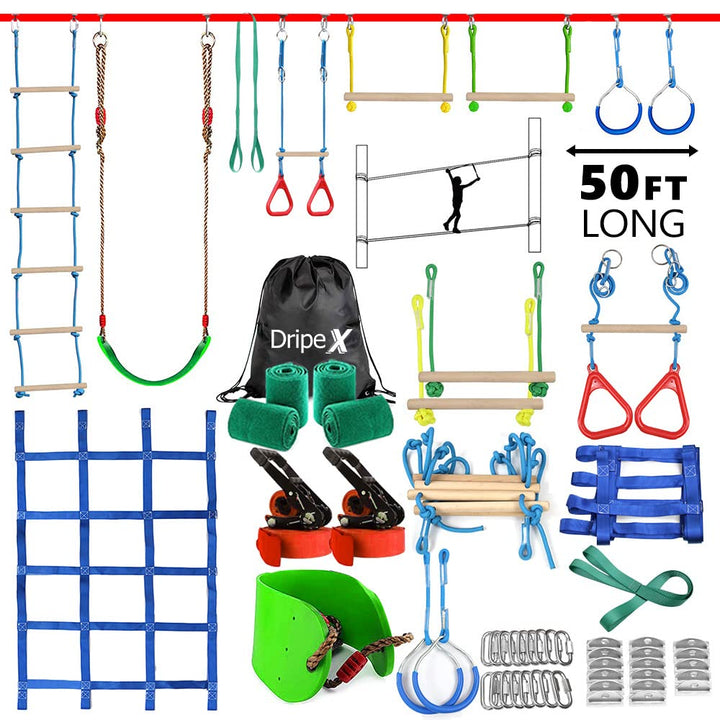 Ninja Warrior Hindernisparcours für Kinder - 15m×2 Ninja Slackline und 10 langlebige Hindernisse - O
