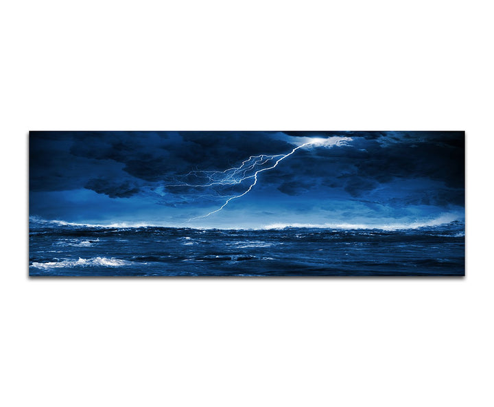 Paul Sinus Art Panoramabild auf Leinwand und Keilrahmen 150x50cm Meer Wellen Sturm Gewitter Blitze N