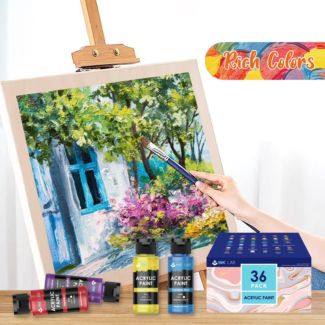 INK LAB Acrylfarbe Set 36 Farben Waschfeste Acryl Farben Künstlerfarbe Malfarben Ungiftig Ideal für