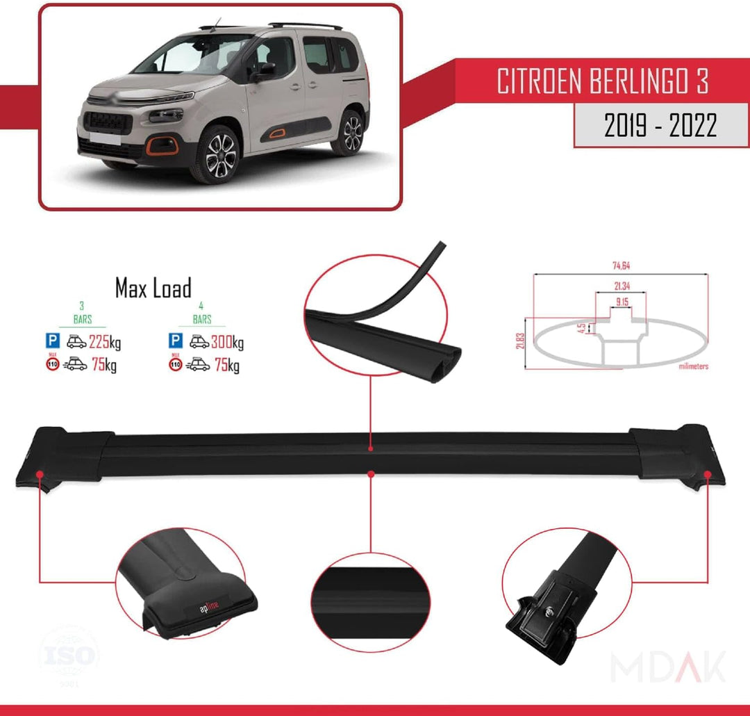 MDAK Kompatibel mit Citroen Berlingo 3 (K9) 2019-2022 Fly Model Relingträger Dachträger Auto Gepäckt
