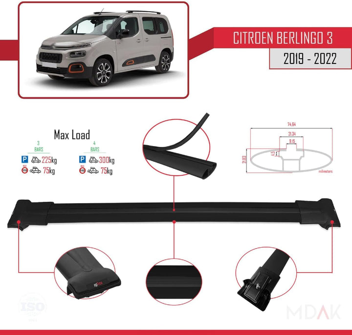 MDAK Kompatibel mit Citroen Berlingo 3 (K9) 2019-2022 Fly Model Relingträger Dachträger Auto Gepäckt