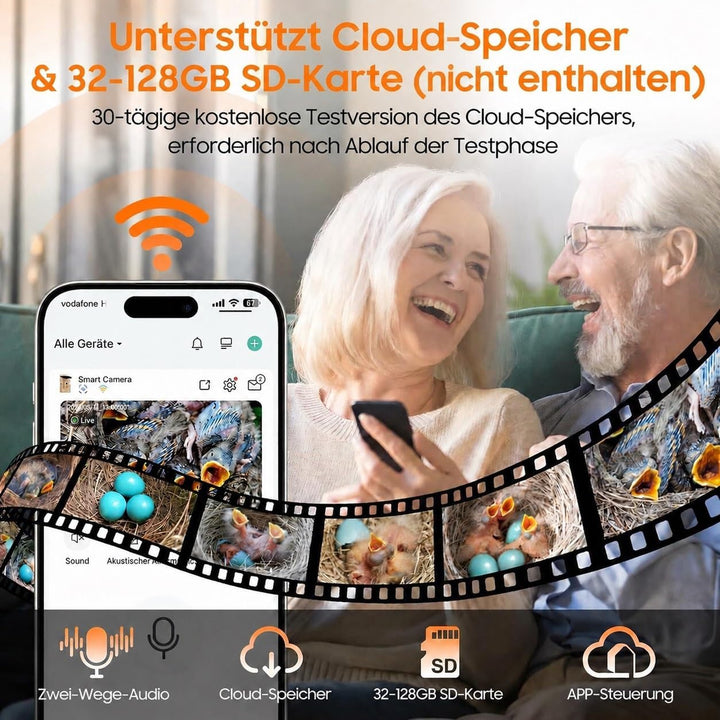 Vogelhaus mit Kamera, 5MP HD Nistkasten für draussen, 2,4G WiFi & App Benachrichtigung, Beobachten S