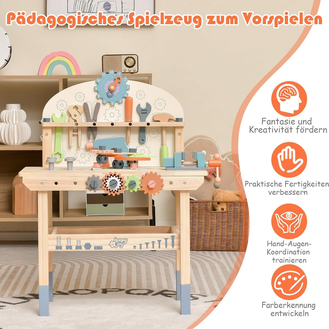 GOPLUS Kinder Werkzeugbank, Spielwerkbank aus Holz mit magnetischem Werkzeughalter, Arbeitsplatte &