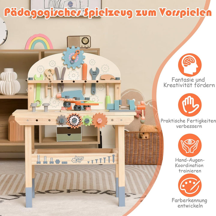GOPLUS Kinder Werkzeugbank, Spielwerkbank aus Holz mit magnetischem Werkzeughalter, Arbeitsplatte &