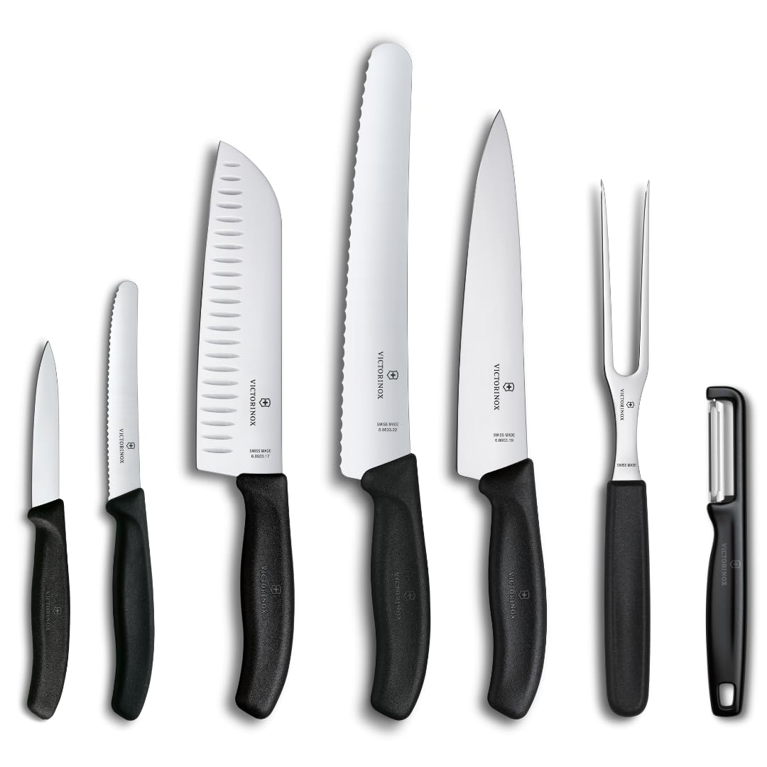 Victorinox Swiss Classic Küchenmesser Set, Kochmesser, 7-teilig, inkl. Santokumesser, Brotmesser, Ge