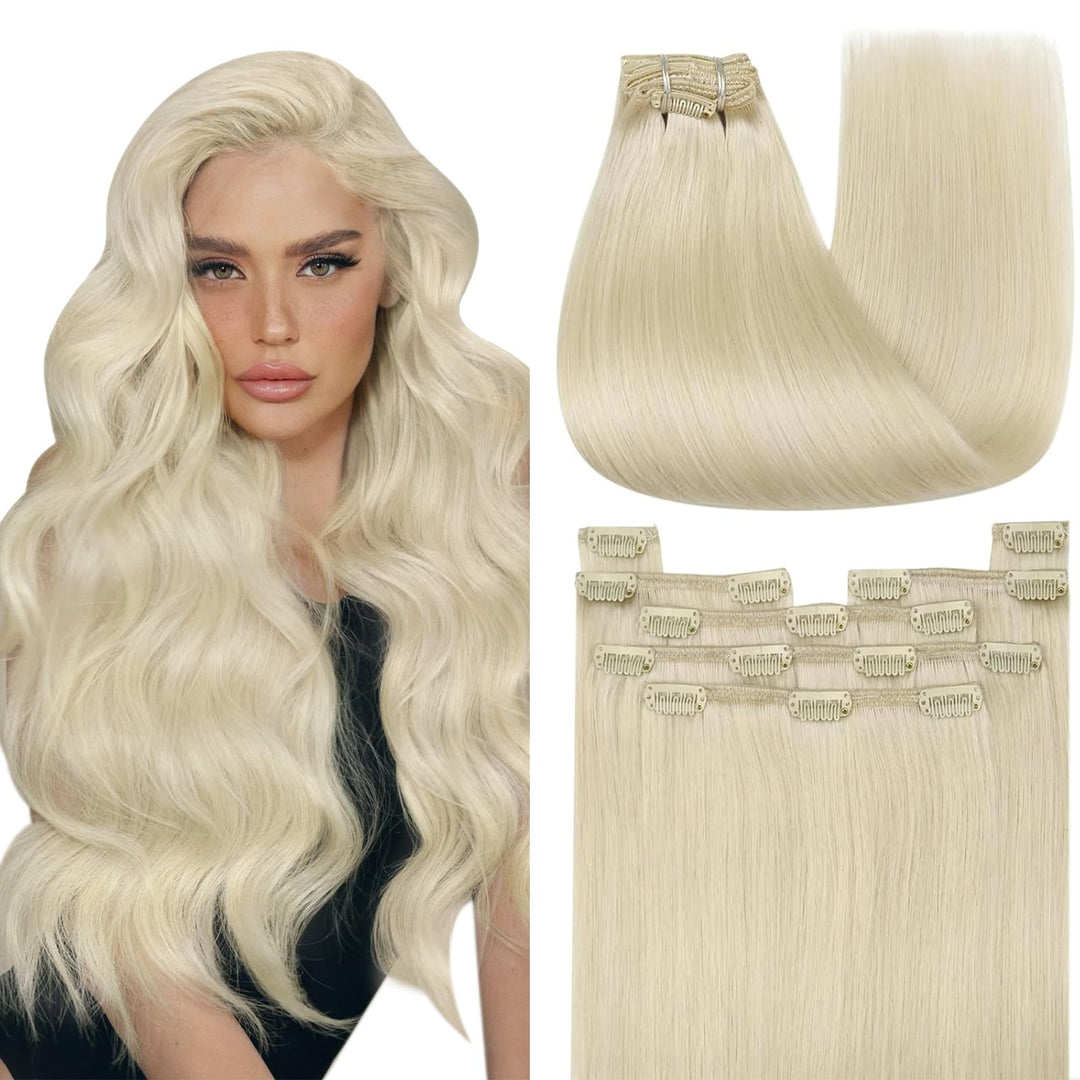 YoungSee Clip in Extensions Echthaar Platinblond Echthaar Extensions Clip Blond Kurz Haarverlangerun