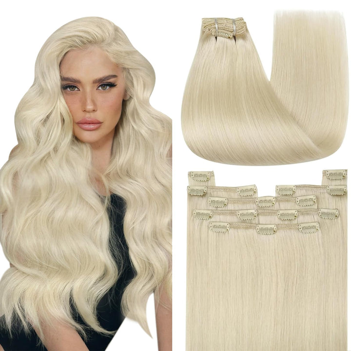 YoungSee Clip in Extensions Echthaar Platinblond Echthaar Extensions Clip Blond Kurz Haarverlangerun