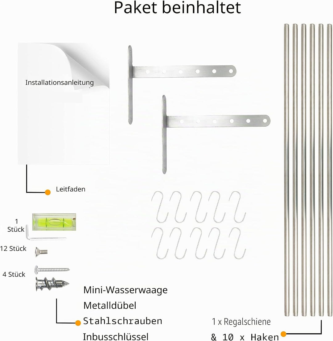 Wallniture Lyon Küchenregal Organizer und Aufbewahrungsregal, Metall Wandregal mit 10 S-Haken zum Au