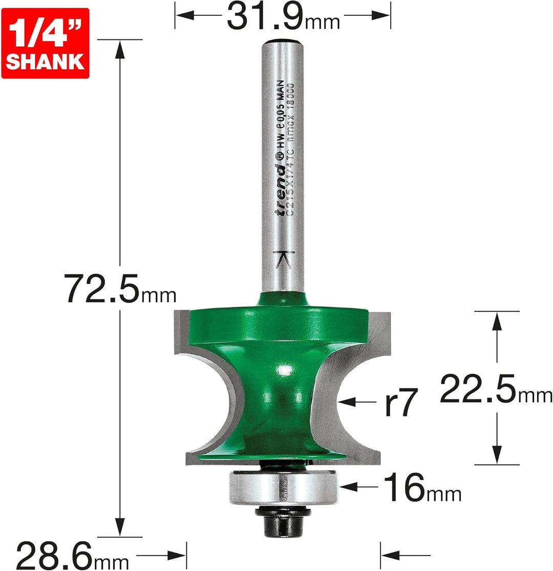 Trend CraftPro C215X1/4TC Fräser mit Kugellager-Ecken, 1/4-Zoll-Schaft, 31,9 mm Schnittdurchmesser,