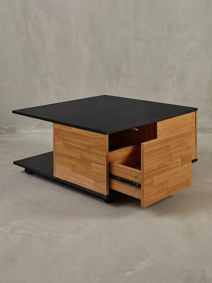 KADIMA DESIGN Couchtisch RAPIDO: 70x70x36,5 cm, 2 Schubladen, Rollen, Melaminharzbeschichtung, Weiss