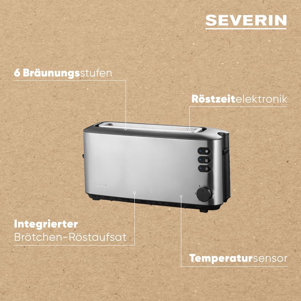 SEVERIN Automatik-Langschlitztoaster, Automatik-Toaster mit Brötchenaufsatz, Edelstahl Toaster zum T