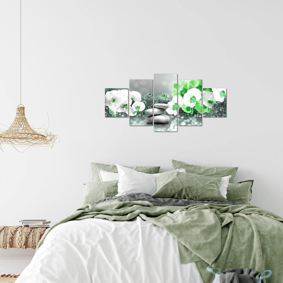 Runa Art Wandbilder Blumen Orchidee 5 Teilig Bild auf Vlies Leinwand Deko Wohnzimmer Spa Grau Türkis