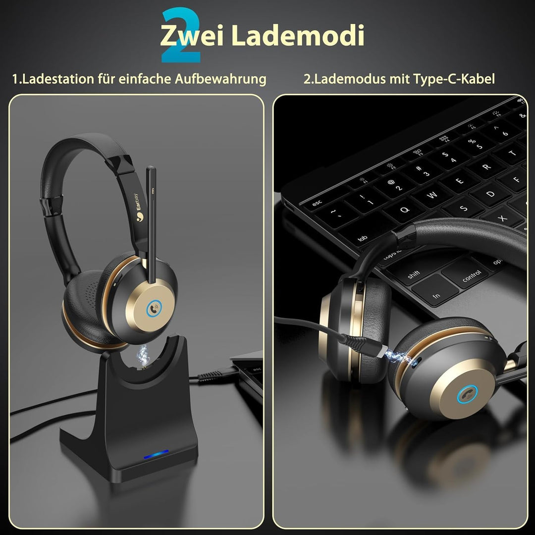 Earbay Headset mit Mikrofon Bluetooth, Headset kabellos KI-Geräuschunterdrückung &amp; USB-Dongle, Bluet