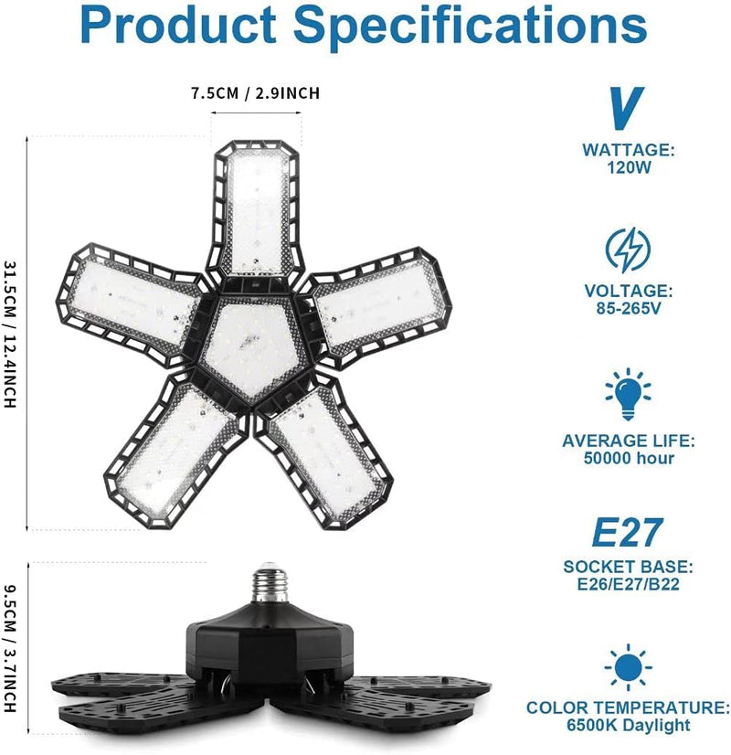 CREATESTAR 2 Stück 120W Werkstattlampe LED Deckenleuchte, 12000 Lumens LED Garagenleuchte mit 5 Just