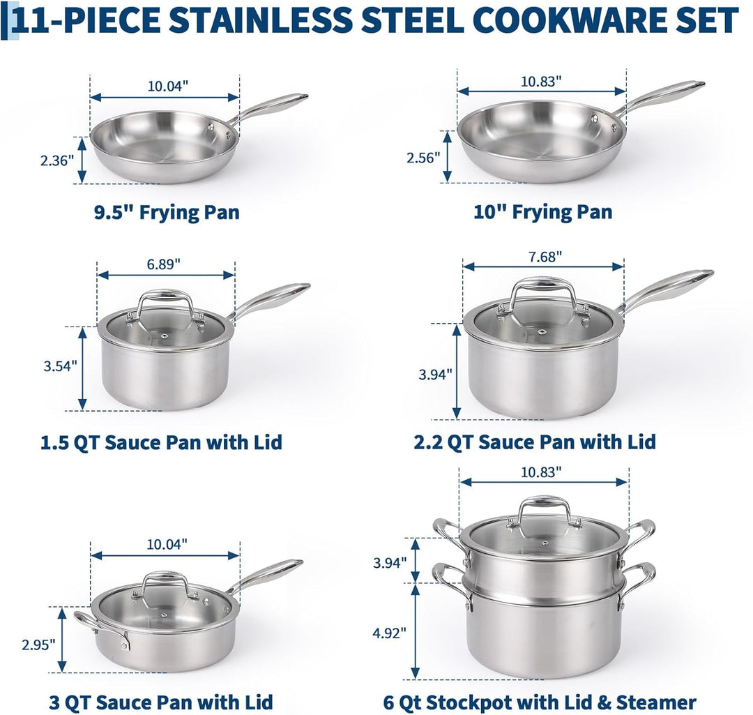 Garvee Edelstahl Topfset Induktion 11-teilig, 3-Lagig Kochtopf Set mit Glasdeckeln, Induktions Töpfe