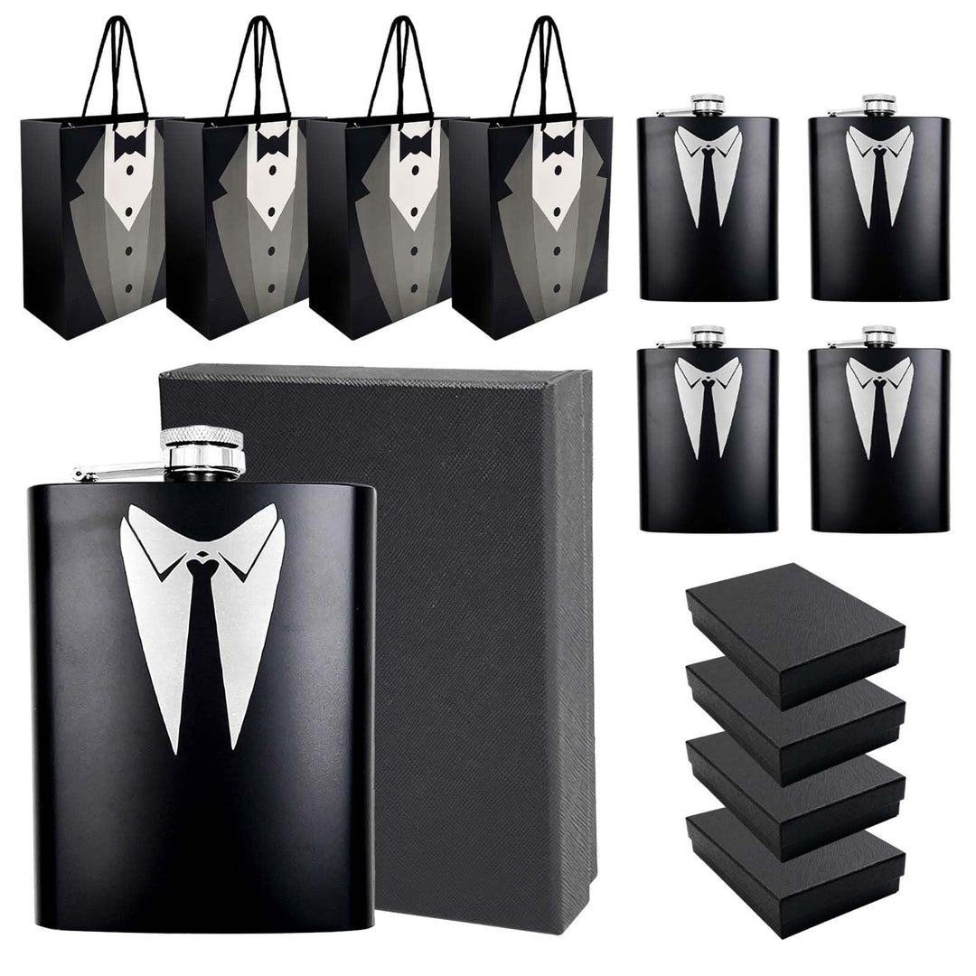 Daily Treasures 4er-Set Whiskyflaschen mit Anzuggravur | 236ml Edelstahl-Geschenkboxen | Auslaufsich