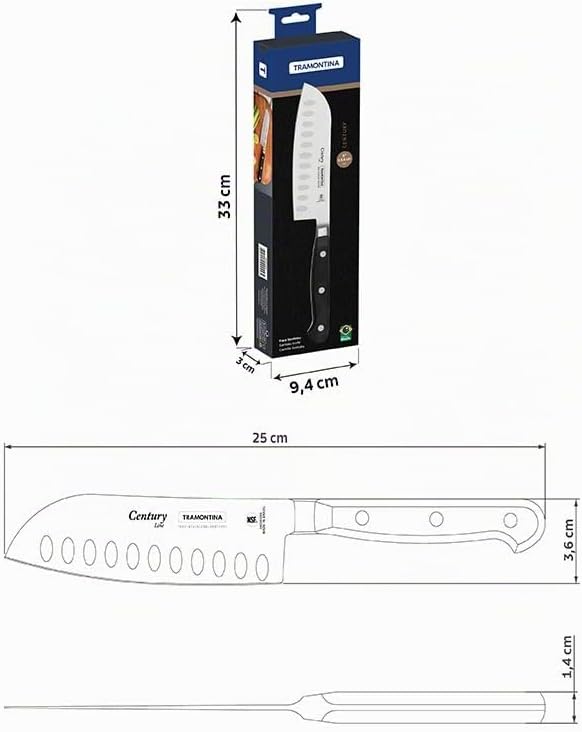 Tramontina Santokumesser CENTURY, 13 cm Küchenmesser, sehr scharf, Edelstahl DIN 1.4110, schwarz, ro