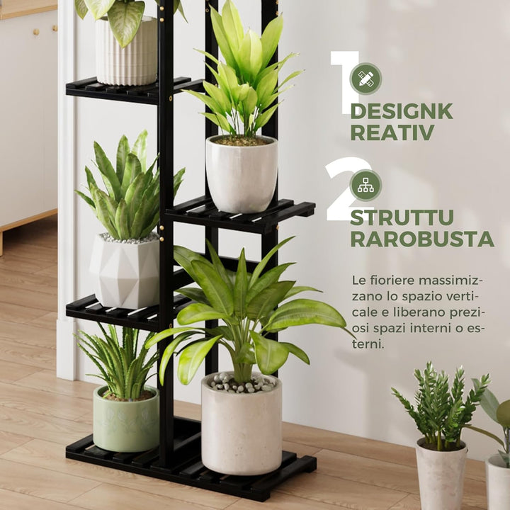 Bamworld Pflanzenständer Blumenständer Bambus Pflanzenregal Indoor Blumenregal Kleines Metall Blumen